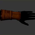 Red Ornate Weapon Vambrace With Intricate Patterns And Black Combat Glove
