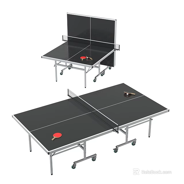 Portable Black Table Tennis Table With Wheels And Ping Pong Paddles 3d model 