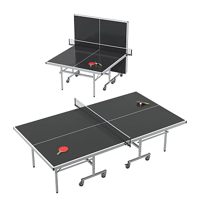 Portable Black Table Tennis Table With Wheels And Ping Pong Paddles 3d model