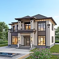 Modern Luxury Detached Villa Exterior With Large Windows Front Porch Lawn And Flower Beds