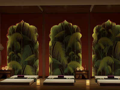 Serene SPA Sauna Room with Arched Palm Leaf Patterned Walls Red Background and Candles 3d model