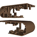 Wooden Curved Sculptural Structure Composed Of Stacked Wooden Blocks With Geometric Interior