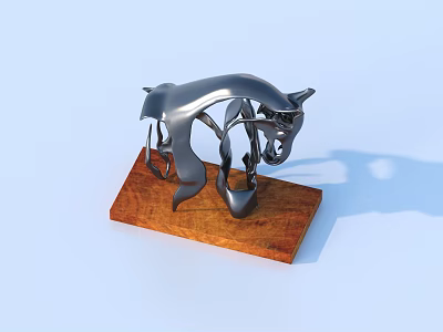 Decorative Ornament Set Abstract Metal Animal With Wooden Base Art 3d model