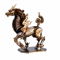 Mythical Kirin Sculpture with Golden Black Metal Intricate Mane Tail and Hexagonal Base