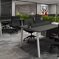 Modern Public Office Space With Open Workstations Black Chairs Green Plants And Printer