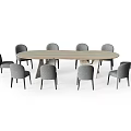 Oval Dining Table Set With Wooden And Marble Top And Eight Gray Chairs
