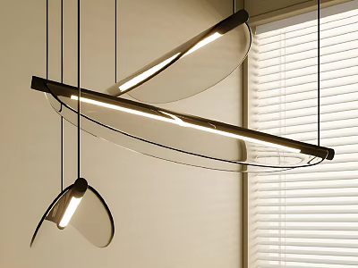 Modern Curved Pendant Light With Metal Frame And Glass Elements In Interior Room With Blinds 3d model