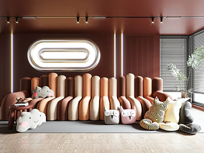 Multi person Sofa With Colorful Striped Design Stuffed Toys Wooden Walls Circular Lamp And Plant 3d model