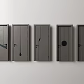 Five Gray Swing Doors Mounted On White Wall With Different Handle And Line Designs 3d model