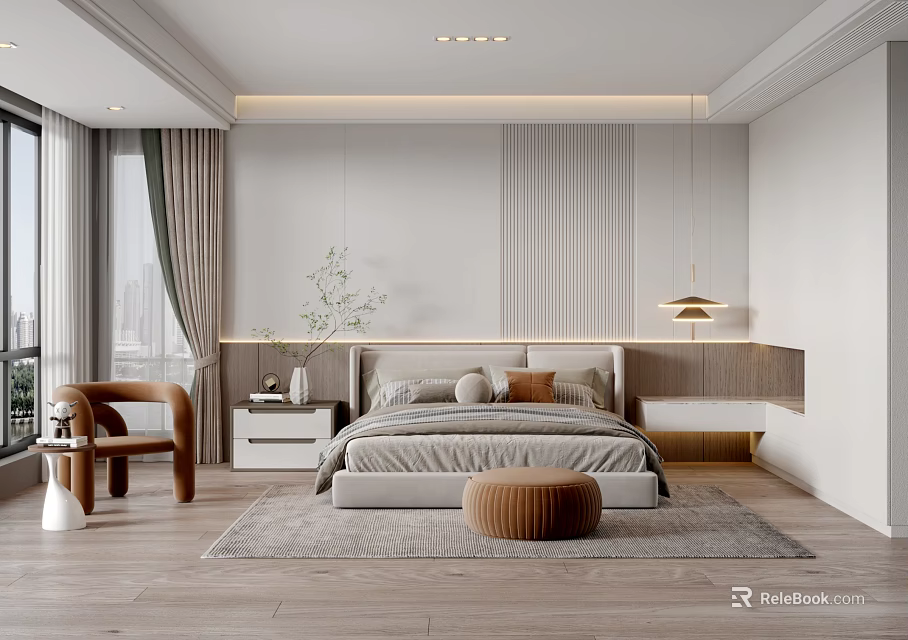 Modern Bedroom Interior With Grey Bed Wooden Nightstand Pendant Light And Area Rug 3d model 