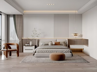 Modern Bedroom Interior With Grey Bed Wooden Nightstand Pendant Light And Area Rug 3d model