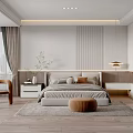 Modern Bedroom Interior With Grey Bed Wooden Nightstand Pendant Light And Area Rug