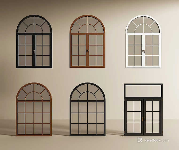 Black Brown White Casement Windows Featuring Arched Rectangular Top Frame Designs 3d model