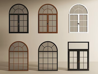 Black Brown White Casement Windows Featuring Arched Rectangular Top Frame Designs 3d model