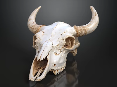 White Bull Skull With Large Horns On Black Reflective Surface 3d model