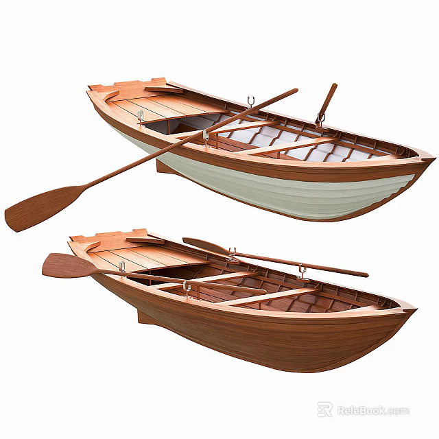 Two Classic Wooden Boats With Natural Wood Finish And Wooden Paddles 3d model 