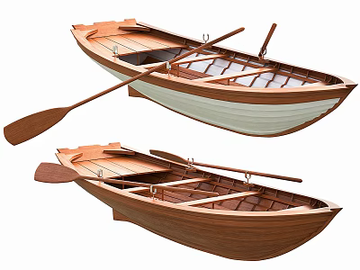 Two Classic Wooden Boats With Natural Wood Finish And Wooden Paddles 3d model