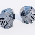 Two Shiny Medieval Metal Helmets With Structured Facemasks And Glossy Finish