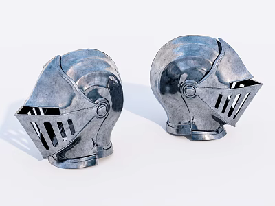 Two Shiny Medieval Metal Helmets With Structured Facemasks And Glossy Finish 3d model