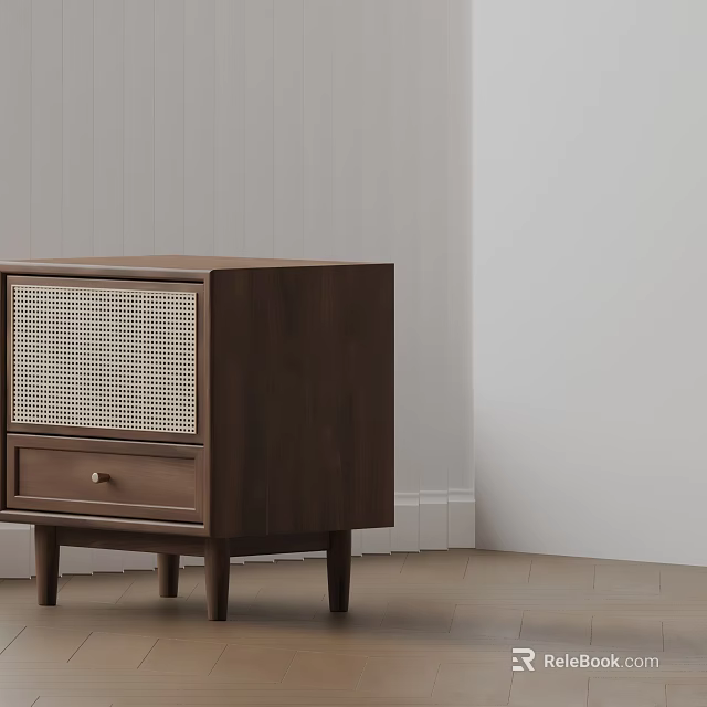Modern Walnut Wood Side Table With Rattan Panel Drawer And Slender Legs 3d model