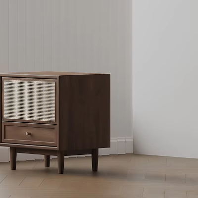 Modern Walnut Wood Side Table With Rattan Panel Drawer And Slender Legs 3d model