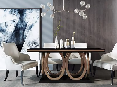 Modern Dining Table Set With White Chairs Ring Legs Abstract Painting And Glass Globe Chandelier 3d model