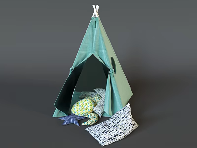 Green Tepee Tent with Colorful Pillows Inside and Star Shaped Decor and Patterned Mat Outside 3d model