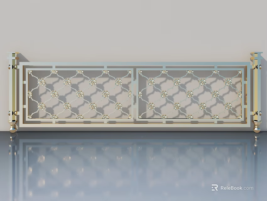Elegant Swing Door With Intricate Lattice Pattern And White Metal Frames 3d model 
