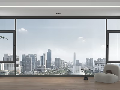 Floor to Ceiling Windows in Modern Living Space with City Skyline View Wooden Floor and Cozy Sofa 3d model