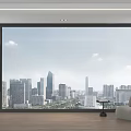 Floor to Ceiling Windows in Modern Living Space with City Skyline View Wooden Floor and Cozy Sofa