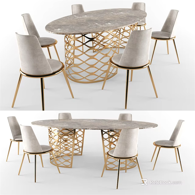 Elegant Modern Dining Table Set With Round Marble Top And Gold Geometric Base Upholstered Chairs 3d model 
