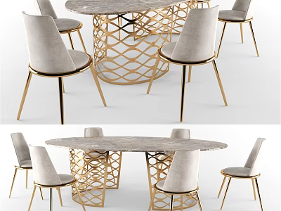 Elegant Modern Dining Table Set With Round Marble Top And Gold Geometric Base Upholstered Chairs 3d model