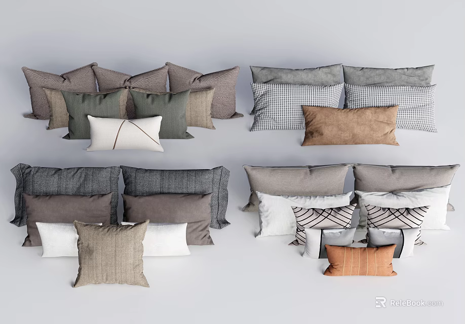 Assorted Decorative Throw Pillows In Gray Brown White With Plaid And Solid Color Patterns 3d model