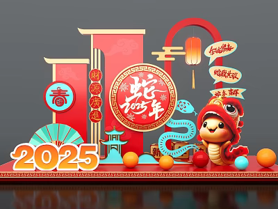 2025 Chinese New Year Snake Year Decorations With Red Lanterns Fortune Characters And Auspicious Clouds 3d model