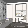 Bright Study Room Interior With White Blinds Light Cabinets Writing Desk And Padded Bench 3d model