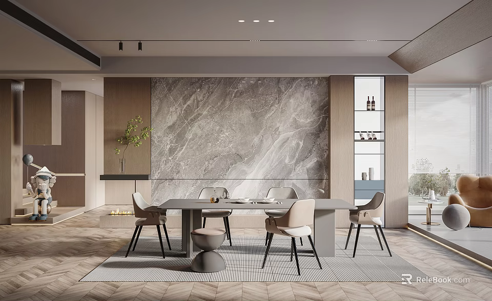 Modern Restaurant Interior With Marble Feature Wall Dining Table Chairs And Pendant Lighting 3d model 