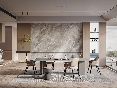 Modern Restaurant Interior With Marble Feature Wall Dining Table Chairs And Pendant Lighting 3d model