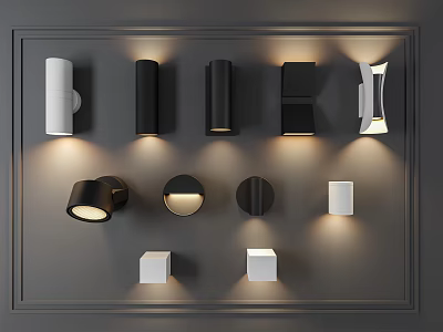 Modern Wall Lamps With Various Black And White Designs Mounted On Gray Wall 3d model