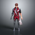 Anime Character 3D Model With Brown Hair Red Black Top Silver Pants Gloves Holding Scroll
