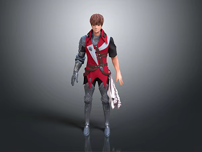 Anime Character 3D Model With Brown Hair Red Black Top Silver Pants Gloves Holding Scroll 3d model