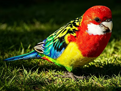 Colorful Parrot With Red Head White Chest And Colored Feathers Standing On Sunlit Green Grass 3d model