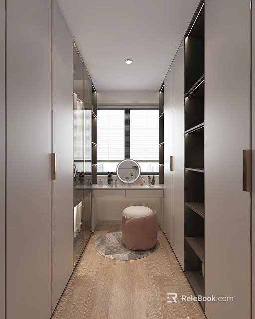 Light Luxury Modern Walk in Closet with Glass Doors Wardrobe Mirror Dressing Table and Stool 3d model 