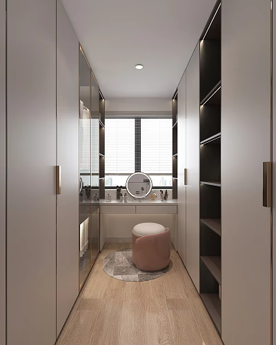 Light Luxury Modern Walk in Closet with Glass Doors Wardrobe Mirror Dressing Table and Stool 3d model