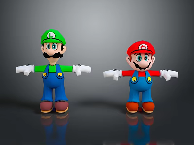 Two Cartoon Characters Mario And Luigi In Red Green Hats Blue Overalls White Gloves Standing 3d model