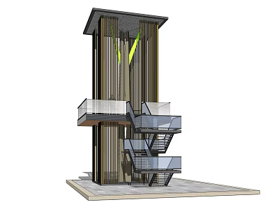 Pedestrian Overpass Structure With Glass Staircase Balcony Railings And Vertical Wooden Panels 3d model