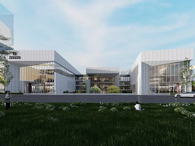 Modern Cultural Center Building with Sleek Glass Facade and Landscaped Greenery Area 3d model