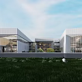 Modern Cultural Center Building with Sleek Glass Facade and Landscaped Greenery Area