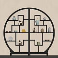 Round Black Chinese Display Shelf With Decorative Ceramic Vases Sculptures and Plates