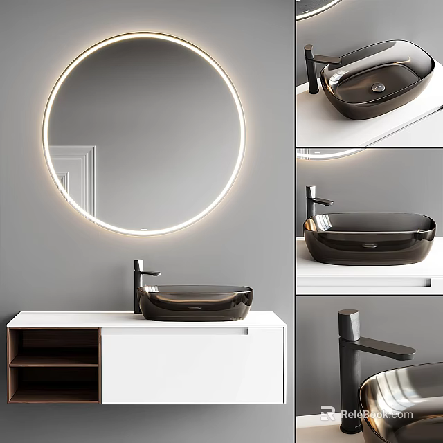 Modern Bathroom Interior With Round Illuminated Mirror Black Washbasin And White Cabinet 3d model 