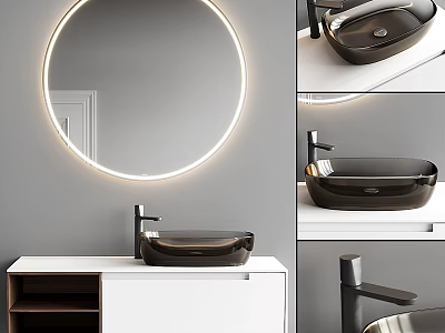 Modern Bathroom Interior With Round Illuminated Mirror Black Washbasin And White Cabinet 3d model